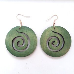 Earrings Wood Cut Swirl Bohemian Hindu Dangle Boho Carved Hippie Trendy Green